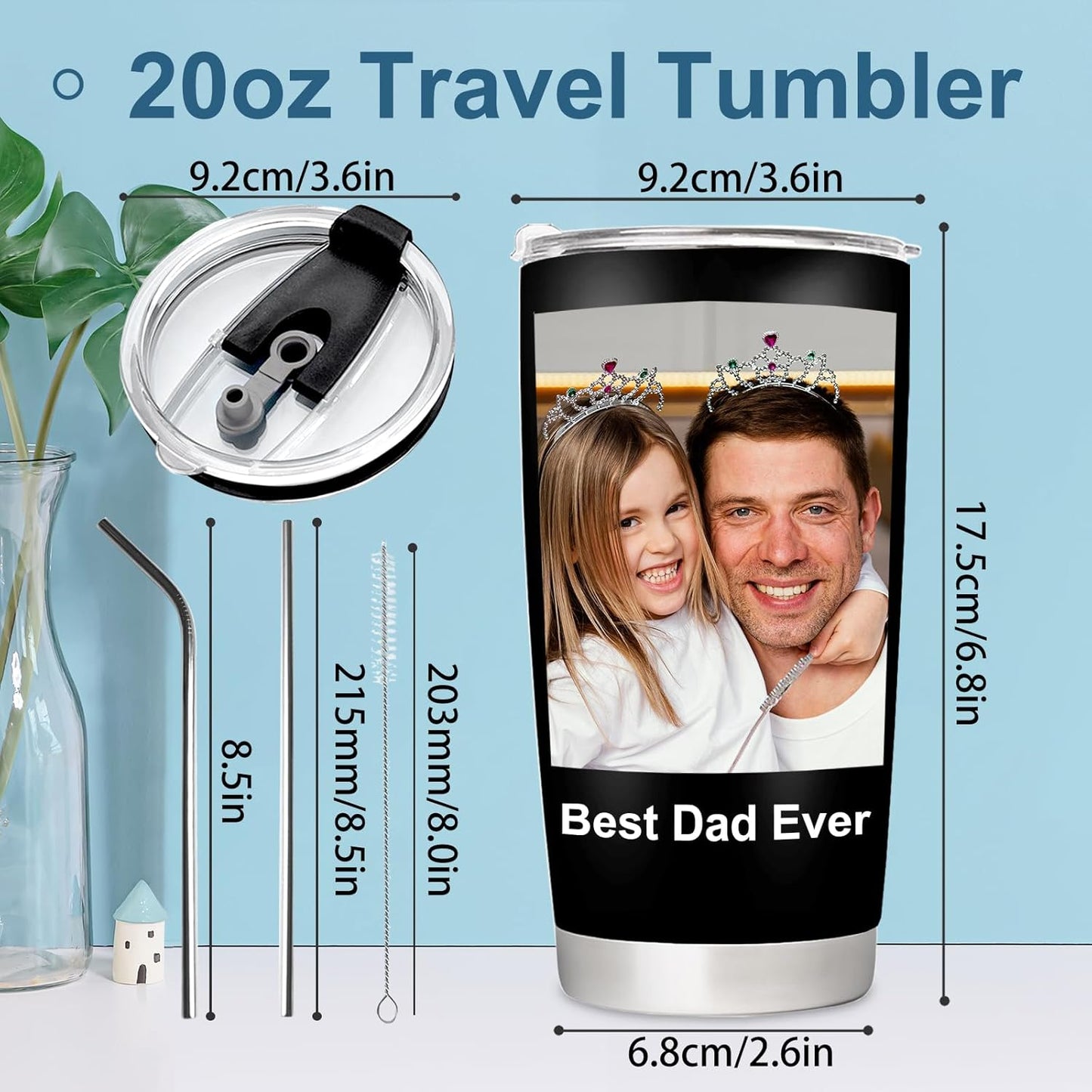 Personalized Coffee Tumbler with Pictures Text, 20oz Custom Insulated Stainless Steel Tumbler, Customized Christmas Birthday Gifts for Women Men, Custom Travel Coffee Cup with Lids