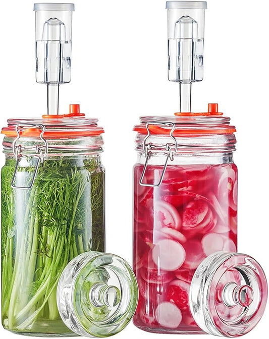 JILLMO 1 Liter Fermentation Jar, Glass Fermenting Kit with Weight for Making Sauerkraut, Hot Sauce, Mead, Cider and More, Pack of 2