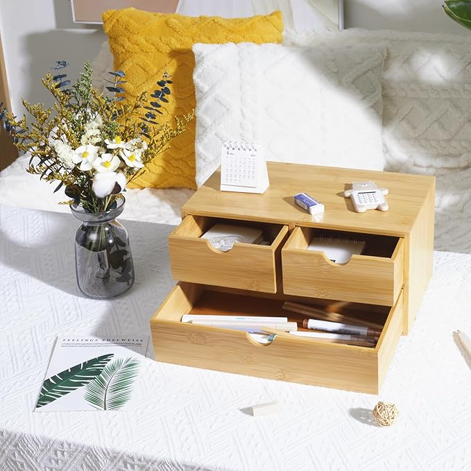 Bamboo Desk Organizer with 3 Drawers, Countertop Organizer with Drawers Makeup Storage Drawer 3 Drawers Tabletop Storage Organization Box Home Office Workspace