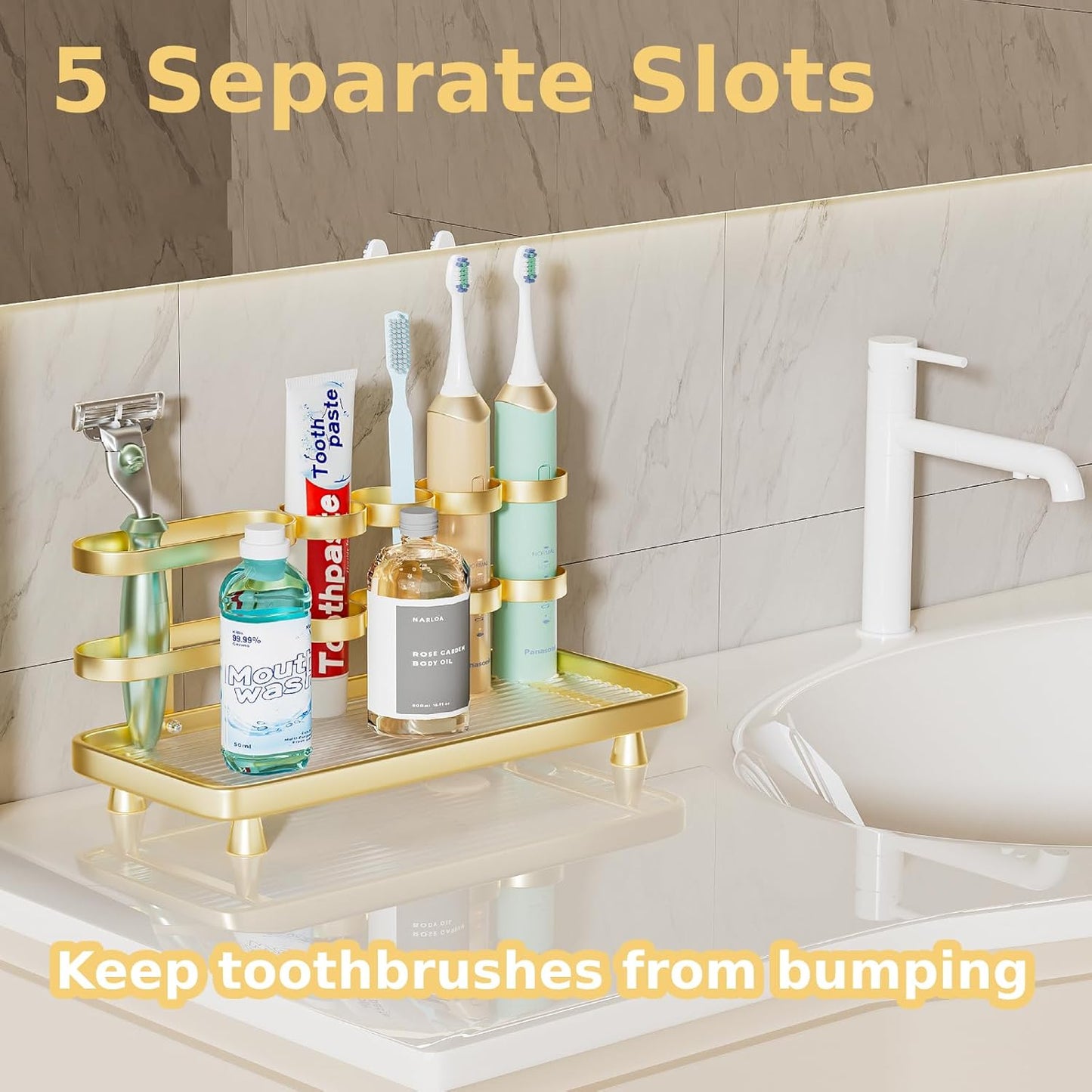 Electric Toothbrush Holder for Bathroom Countertop 5 Metal Slots Toothpaste Razor Mouthwash Organizer, Gold