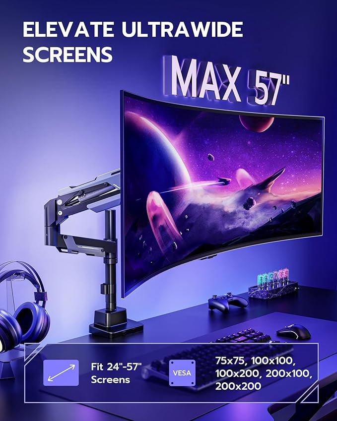 ARES WING Single Monitor Mount, Ultrawide Monitor Arm for 24 to 57 Inch Heavy Duty Curved Screen, Adjustable Gas Spring Monitors Arm Stand up to 66LBS with 75/100/200 Vesa Mount, Black