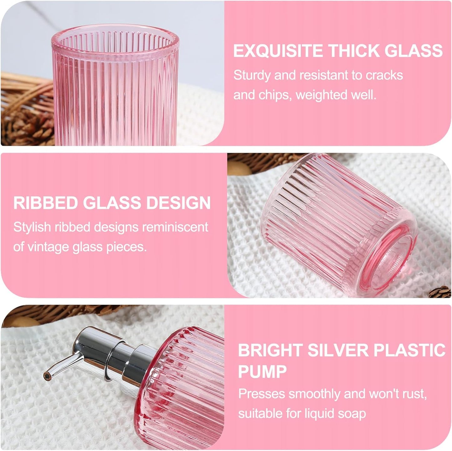 Pink Bathroom Accessories Set, 4 Pcs Glass Bathroom Accessory Set, Pink Soap Dispenser and Toothbrush Holder Set, Qtip Holder Set, Vintage Bathroom Sink Set, Cute Bathroom Decor