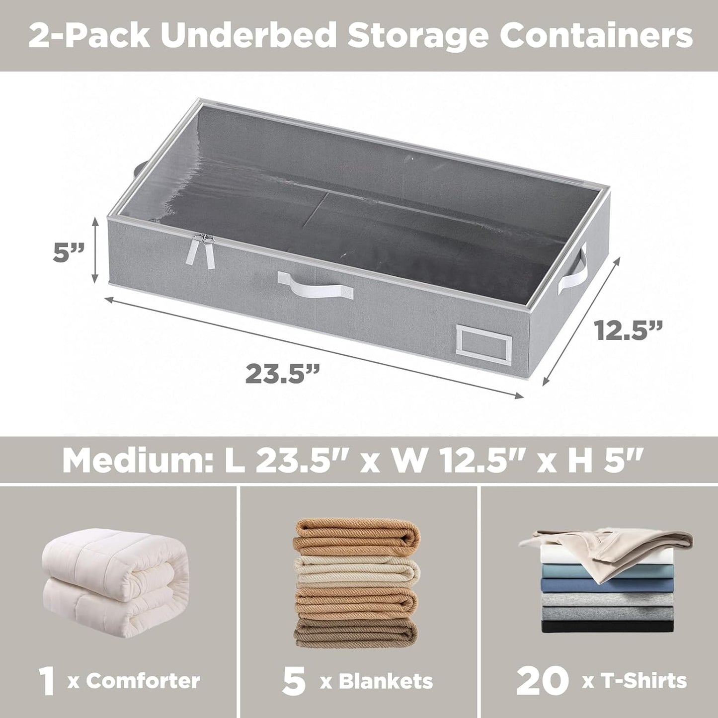 Under Bed Storage, Under Bed Storage Containers Bins for Clothes, Large Linen Underbed Closet Organization Bins, 2 Pack Collapsible Underbed Bin Dorm for Clothes, Sweater, Gray