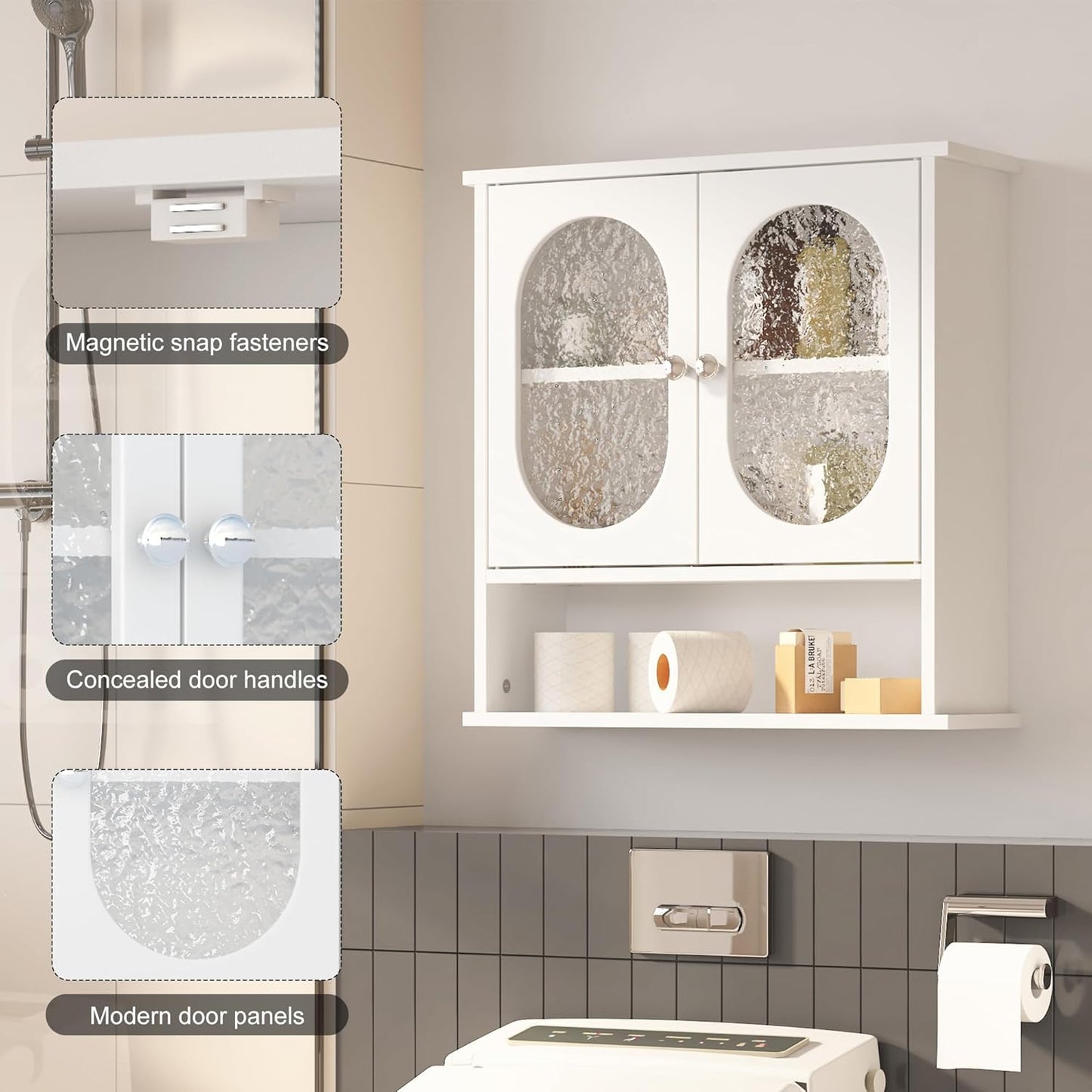 Medicine Cabinet for Bathroom,2 Acrylic Doors White Oval Bathroom Wall Cabinet,Over Toilet Storage Cabinet for Laundry Room/Kitchen/Living Room,Surface Mount Medicine Cabinets 23x24