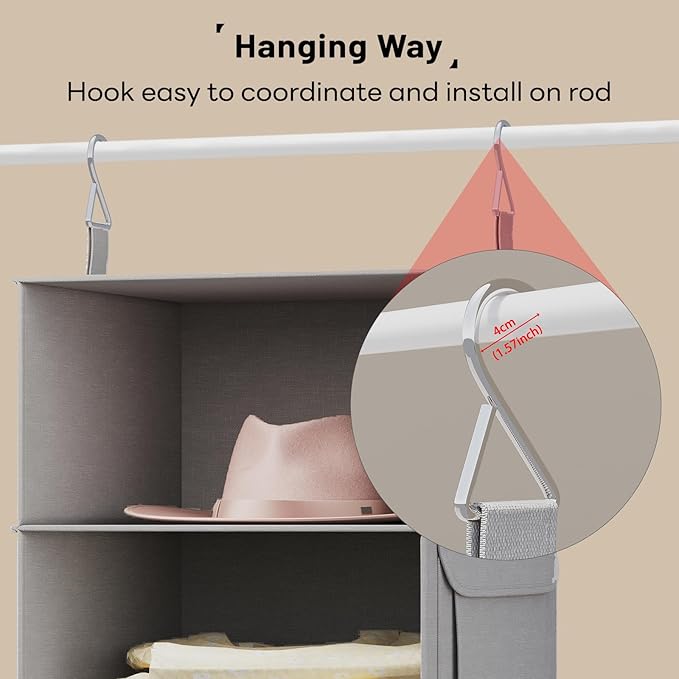 Vailando 6-Tier Hanging Shelves for Closet, Two 3-Shelf Hanging Closet Organizer w/ 4 Side Pockets and 3 Drawers, Combinable for Dorm Wardrobe Organizer and RV Storage and Organization