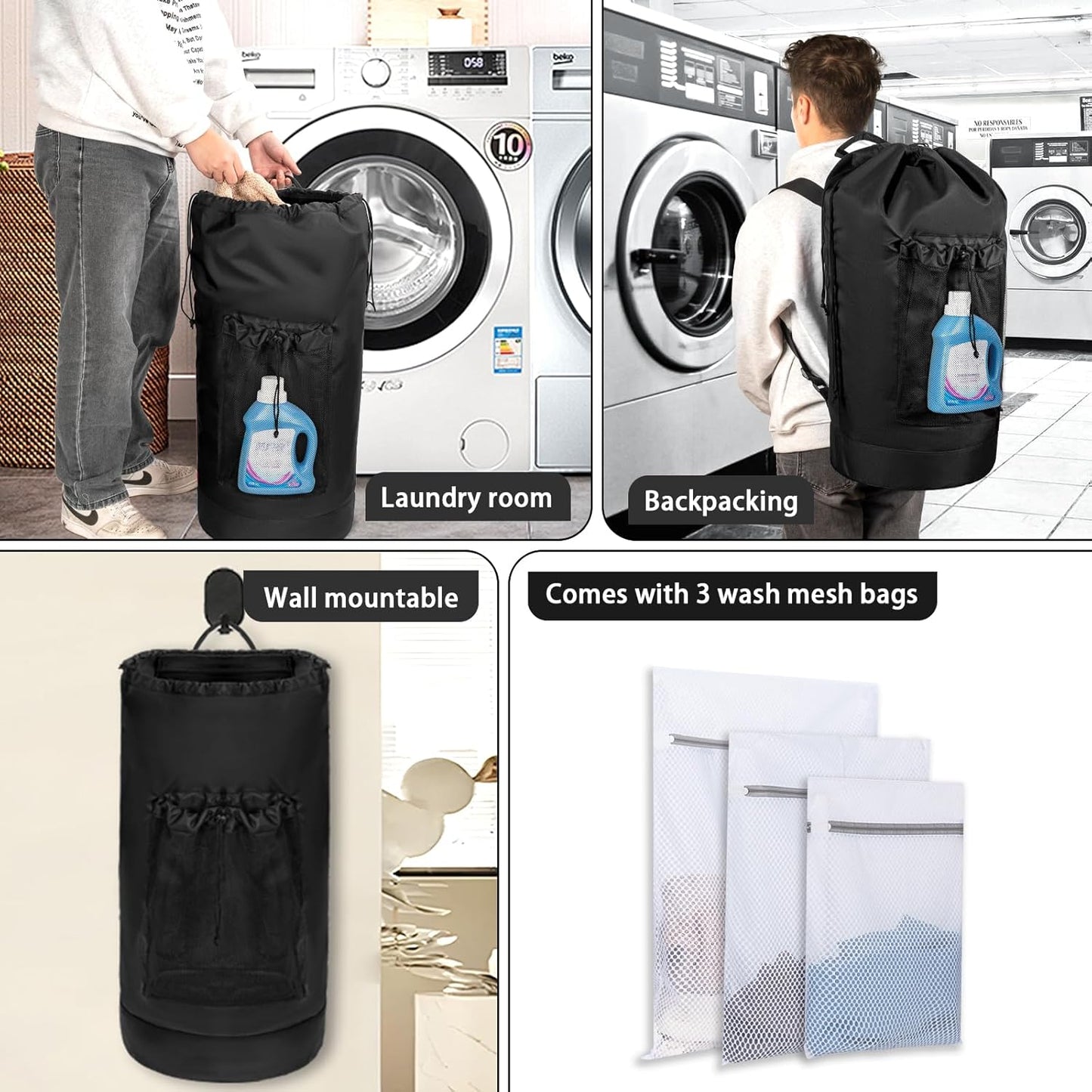 Laundry Bag Backpack with 3 Sizes Mesh Wash Bags and Shoulder Straps Foldable Clothes Hamper Bag with Drawstring Closure for College, Apartment, Laundromat (Black)