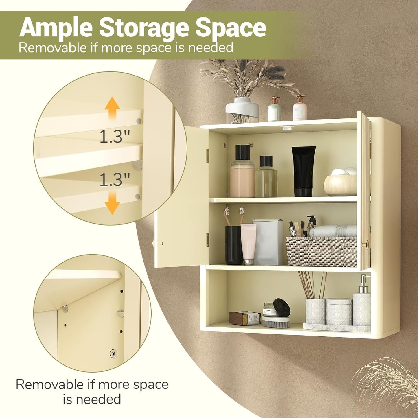 Giantex Wall Mounted Bathroom Cabinet, Fluted Modern Medicine Cabinet with Doors, Adjustable Shelf, Floating Over The Toilet Space Saver Storage Cabinet for Laundry Room, Kitchen (Cream White)