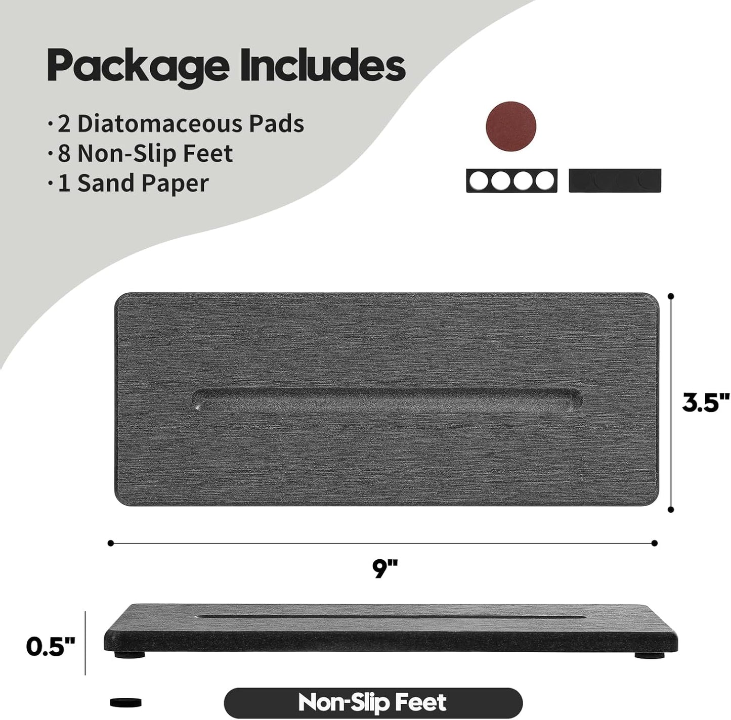 2 Pack Diatomite Stone Sink Tray, Water Absorbing Mat for Kitchen & Bathroom Counter, Quick Dry Soap Dish Makeup Vanity Caddy,Sponge Holder Organizer, Dark Gray - 2pcs of 9"x 3.5"