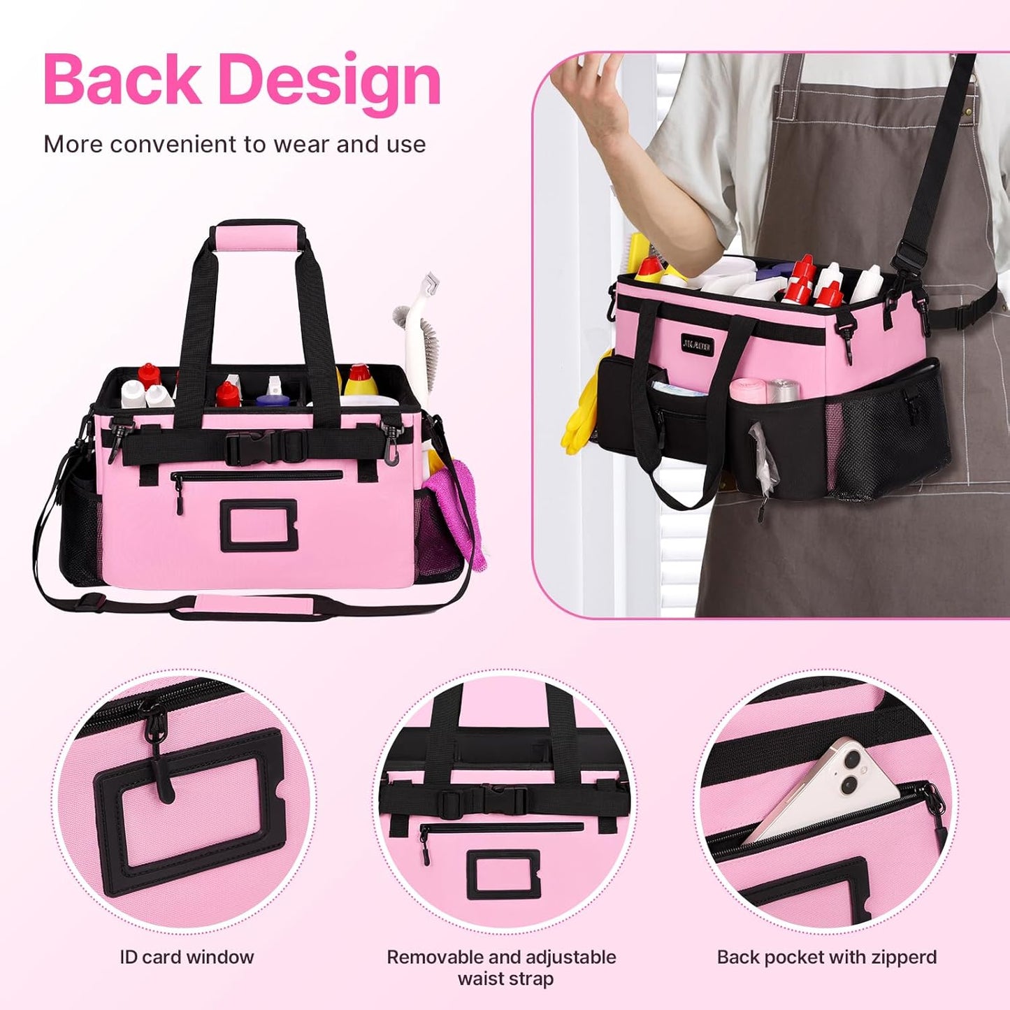 Large Wearable Cleaning Caddy Bags,Cleaning Supplies Storage Bag with Handles and Adjustable Shoulder Strap and Removable Waist Straps,Waterproof Cleaning Bags for Home,Car,Office (Pink)