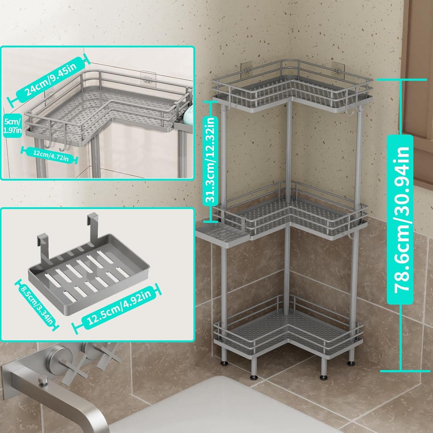 HapiRm Corner Shower Caddy Standing - 3 Tier Shower Organizer Corner with Soap Holder, Rustproof Bathroom Standing Organizer with 4 Hooks, Grey