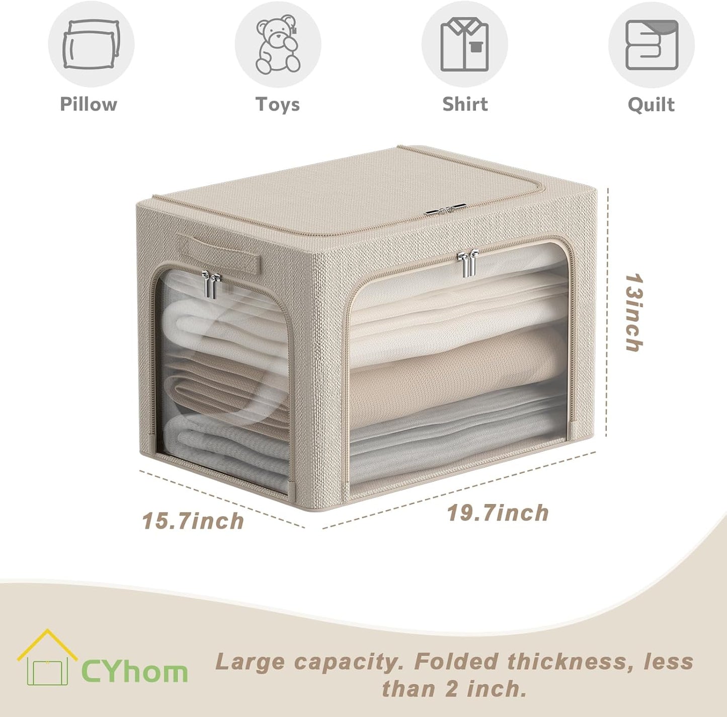 3 Openings Clothes Storage Bins Box - 3Pack Stackable Foldable Storage Bin - Metal Frame Storage Box Clothing Storage Organizer with Clear Window, Carry Handles (66L-19.7x15.7x13in, Beige)