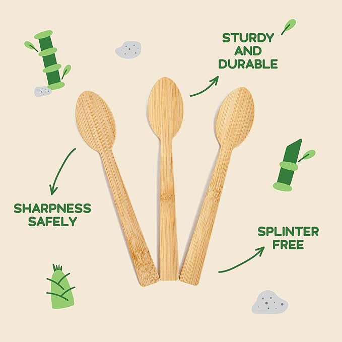 100% Bamboo Utensils - 400 Carbonized Spoons Disposable Cutlery Biodegradable and Sanitized - Heavy Duty & Fully Functional