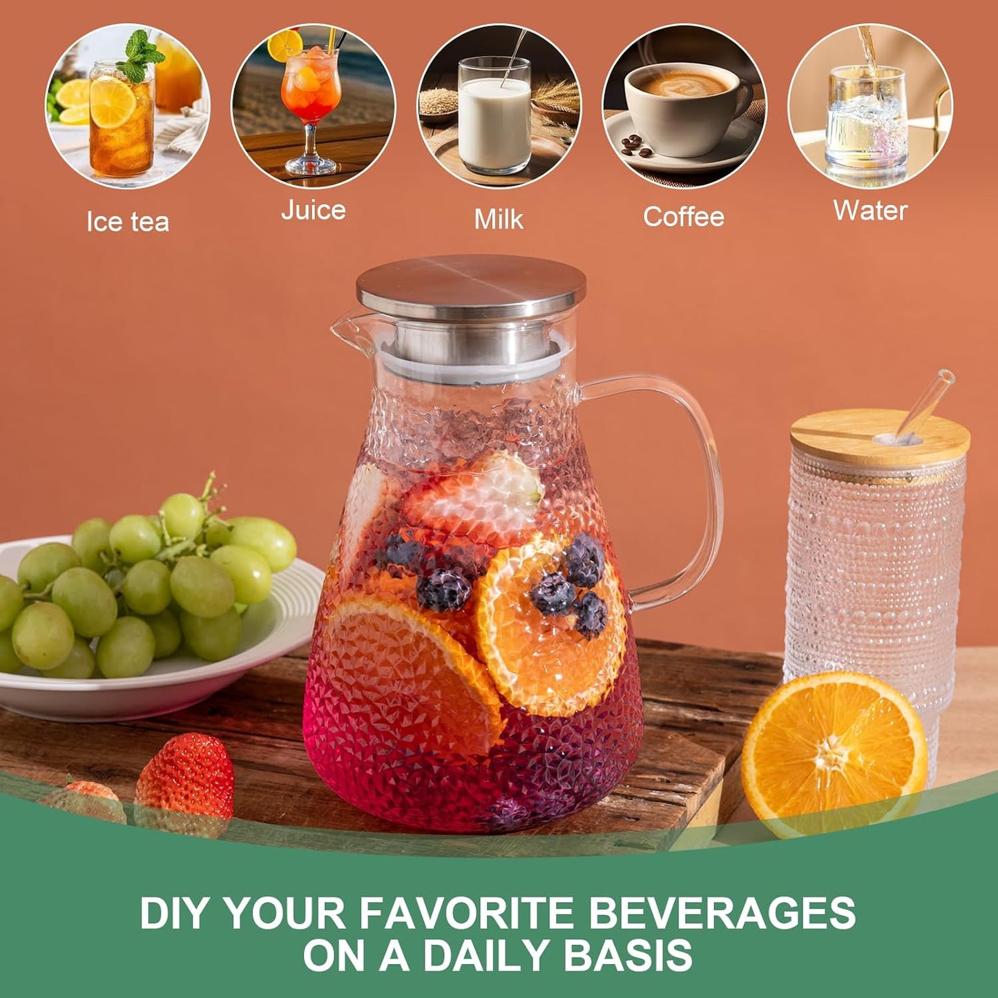 1.5 Liter 50 oz Glass Pitcher with Lid and Spout,2pcs set,Glass Carafe for Hot/Cold Water, Large Iced Tea Pitcher for Iced Coffee, Milk,Juice,Homemade Beverage,and Drinks