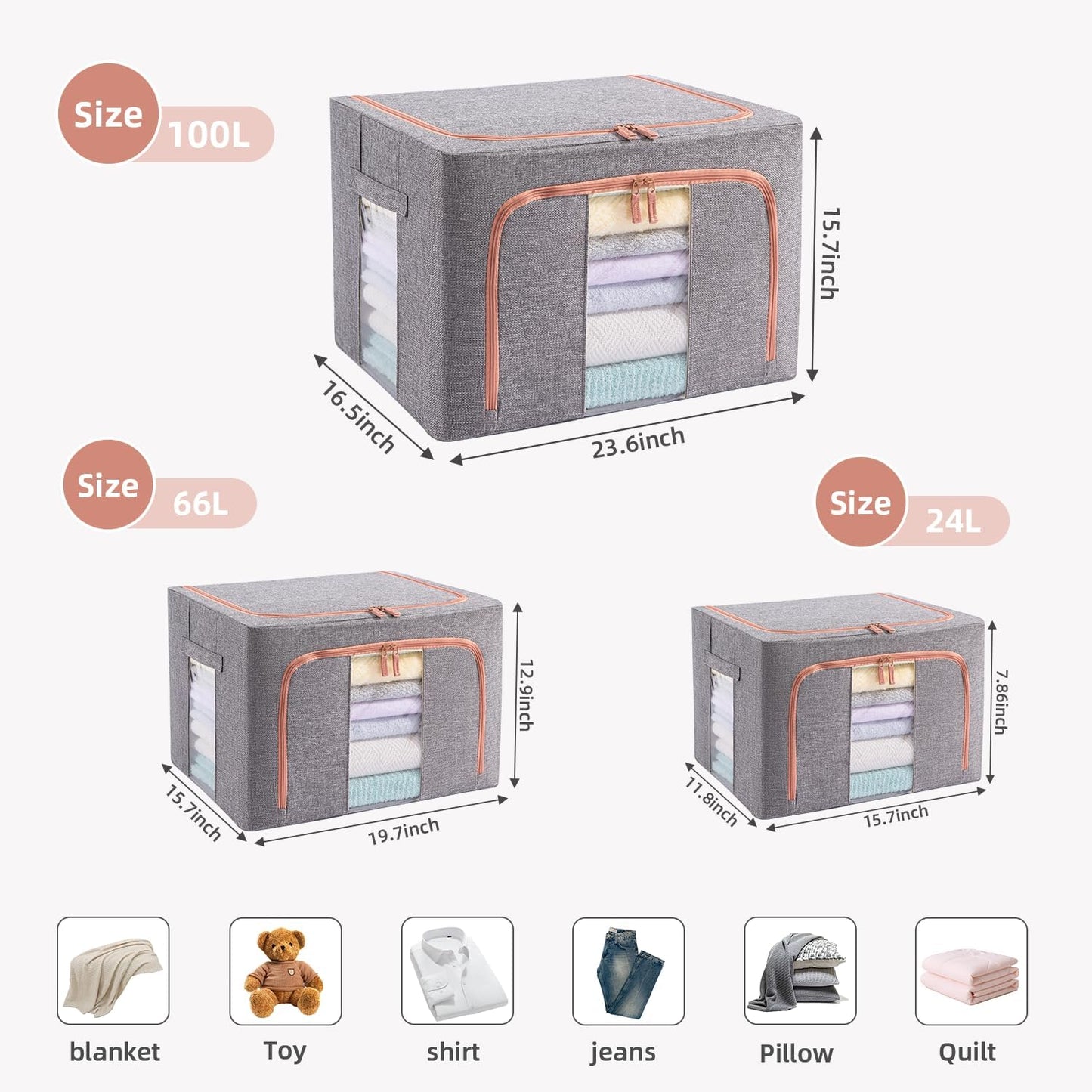 66L Stackable Clothes Storage Bins with Metal Frame Handles & Zipper, Collapsible Closet Organizer Box with Lid for Bedding Blankets Towel (Grey,1 pack)