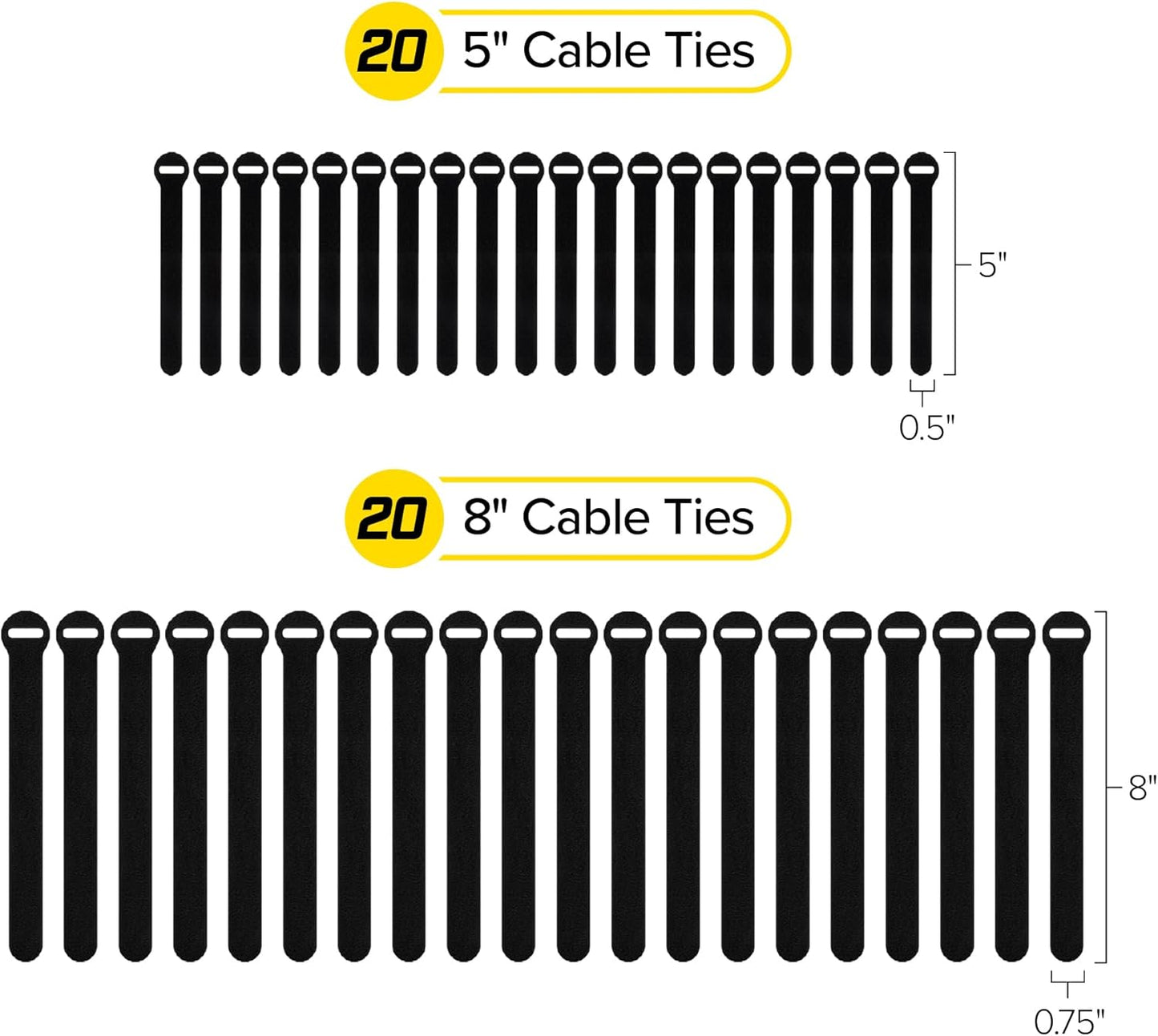 Self-Gripping Cable Ties by Wrap-It Storage, Black, 40 Pack (5 Inch and 8 Inch Straps) – Reusable Hook and Loop Cord Organizer Cable Ties for Cord Management and Desk or Office Organization