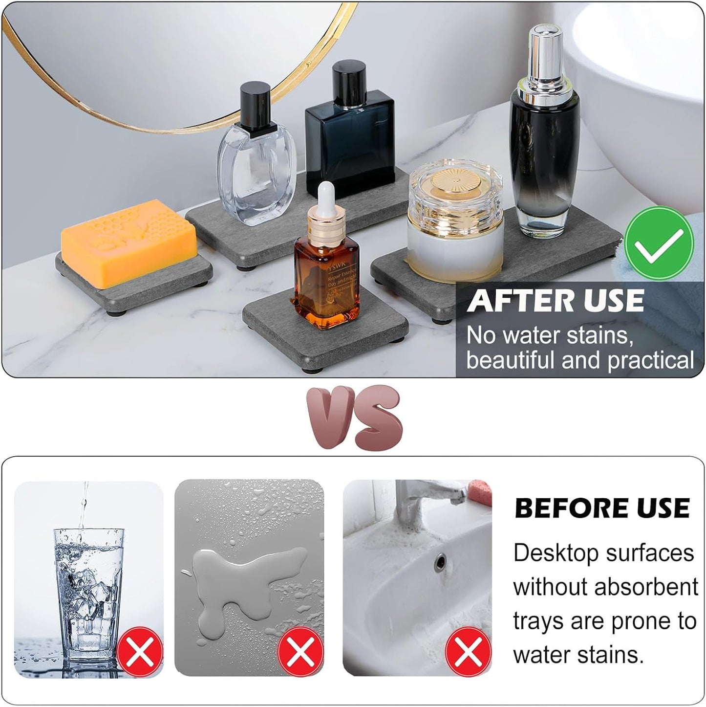 4PCS Water Absorbing Stone Tray for Sink, Fast Drying Stone Sink Tray, Water Absorbent Diatomite Trays, Diatomaceous Coaster, Stones Drying Trays for Bathroom Sinks and Kitchen Counter