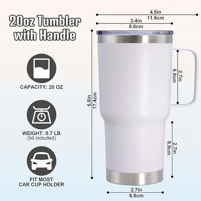 20 oz Tumbler with Handle and Lid, Stainless Steel Tumbler Insulated Travel Coffee Mug, Spill Proof Double Wall Vacuum Tumbler Cup Keep Drink Hot & Cold,White, 12 Pack