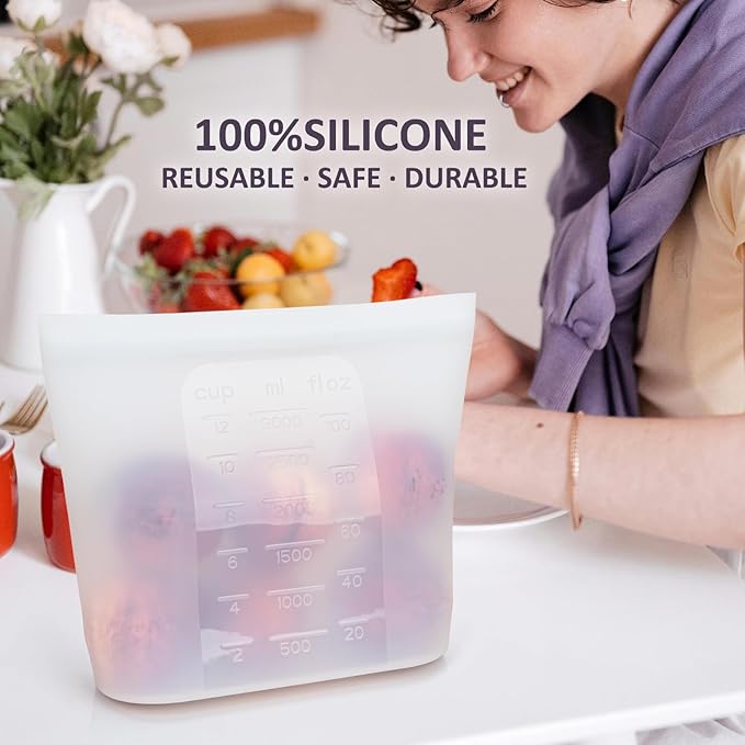 Extra Large Reusable Silicone Food Storage Bags 4 Pack, 0.8 Gallon/3000ml, 100% Silicone Stand-Up Wide-Open Zip-Lock Reusable Bags for Large Items, Microwave Freezer Oven Dishwasher Safe, Translucent