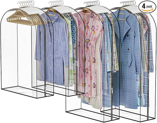 Upgraded Thickened Clear Garment Bags for Hanging Clothes 4 Packs (40 & 50 inch), 10“ Gusseted Clothes Hanging Storage Bags for Closet, Shirts, Coats, Dresses