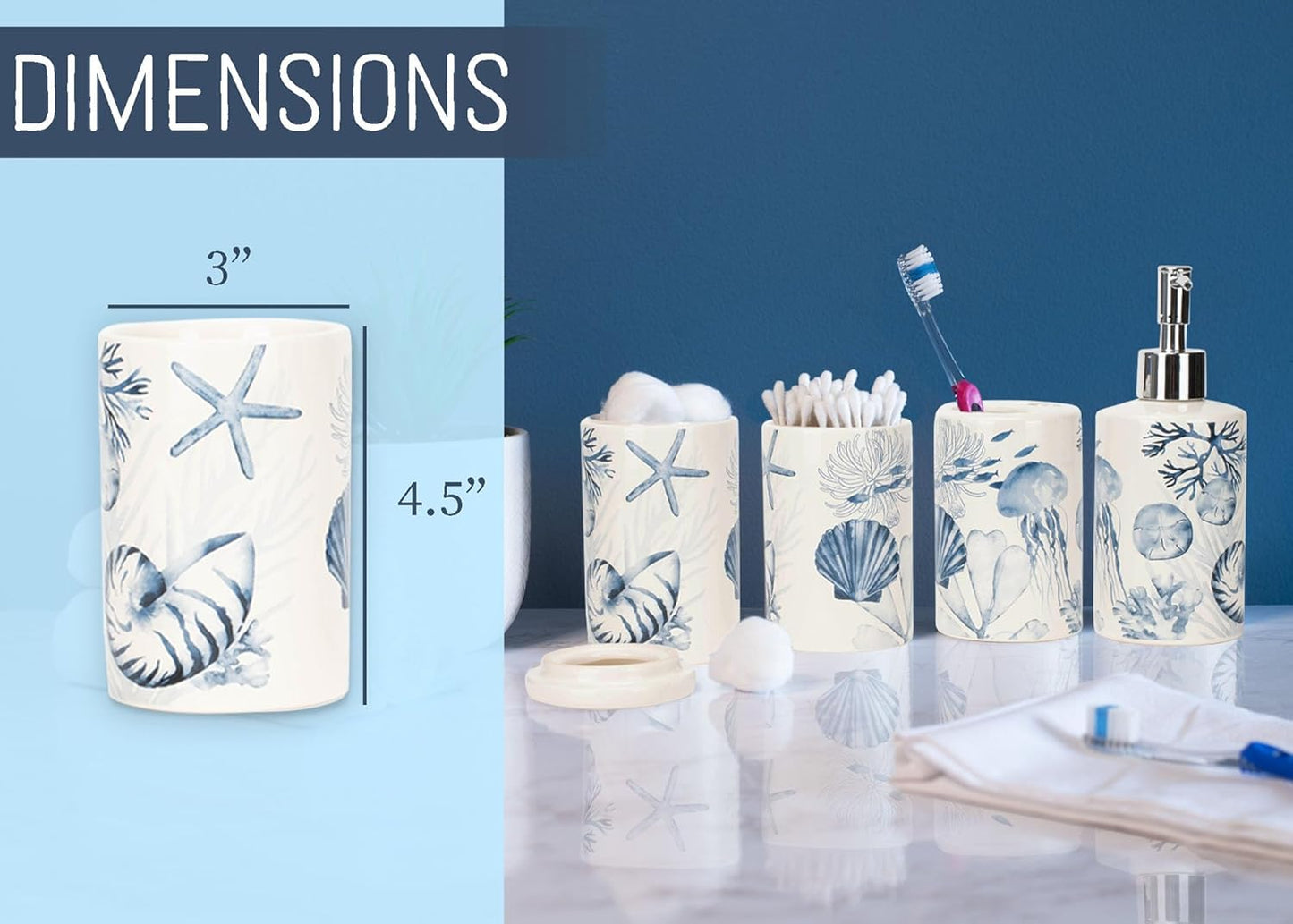 NAT & Jules Chic Modern Rounded 4.5 inch Ceramic Bathroom Accessories Set of 4 - Home Décor & Organization Perfect for Bath or Kitchen Household Essentials, Beach Nautical Blue & White