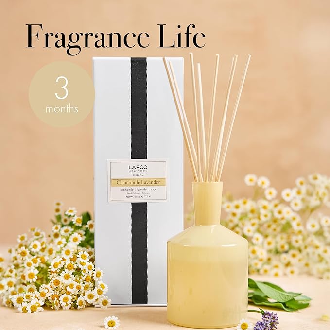 LAFCO New York Classic Reed Diffuser, Chamomile Lavender - 6 oz - Up to 3 Months Fragrance Life - Reusable, Hand Blown Glass Vessel - Natural Wood Reeds - Made in The USA