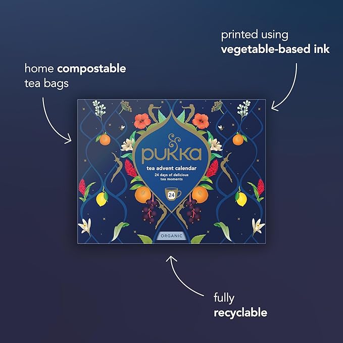 Pukka Advent Calendar Organic Tea Sampler, Selection of 24 Delightful Black & Green Tea Infusions, Christmas Gift for Tea Lovers, 100% Organic