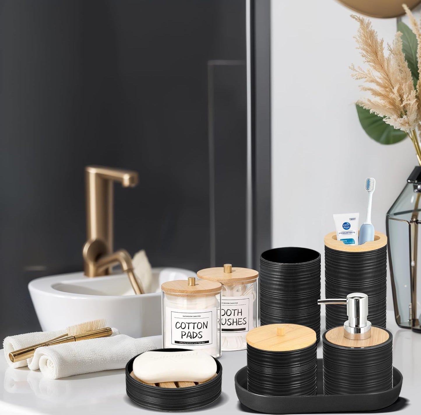 IMAVO Bathroom Accessory Set-11Pcs Black Bathroom Accessories Set with Trash Can,Soap Dispenser,Soap Dish,Toothbrush Holder,Toothbrush Cup,Toilet Brush Holder,Qtip Holder Dispenser with Labels