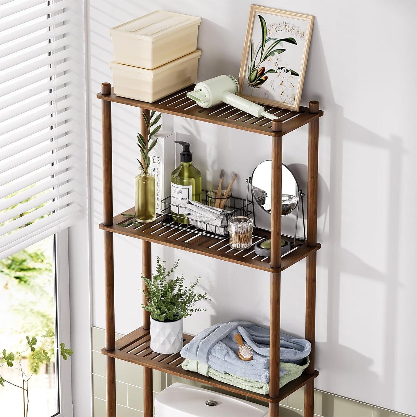 AmazerBath Bamboo Over The Toilet Storage Shelf, Over Toilet Bathroom Organizer Rack, 3-Tier Bathroom Shelves Over Toilet, Space Saver, Walnut Brown