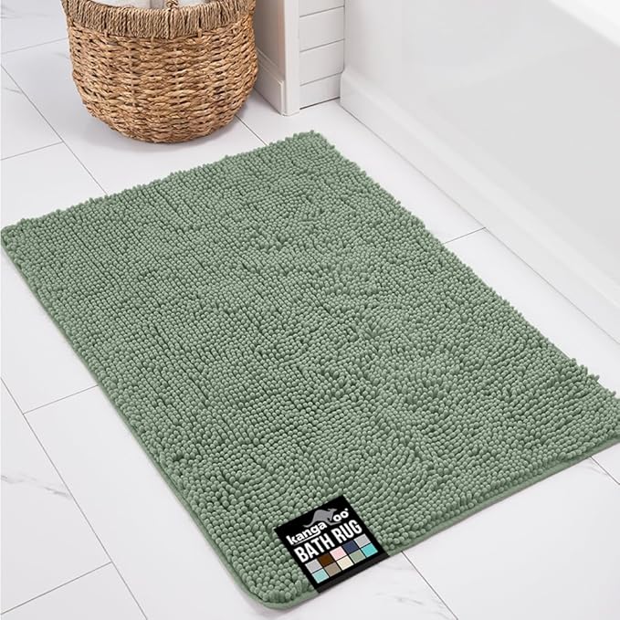 KANGAROO Bathroom Rugs, Chenille Soft Absorbent Bath Rug, Shaggy Shower Mat, Quick Dry Machine Wash Bathmat, Plush Carpet Mats for Tub, Bathtub and Room Home Decor Accessories, 60x24, Sage