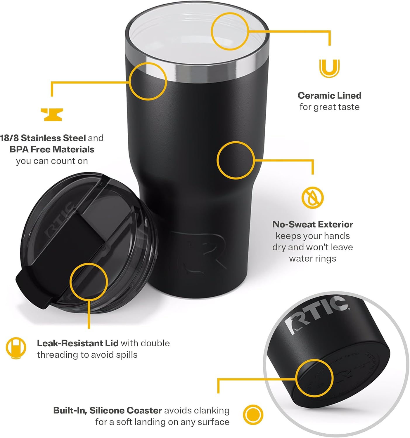 RTIC 20oz Essential Tumbler with Lid, Ceramic Lined, Insulated, Stainless Steel, Metal, Double Wall Vacuum-Insulation, Travel Cup for Iced Coffee, Tea, Hot and Cold Drink, Black