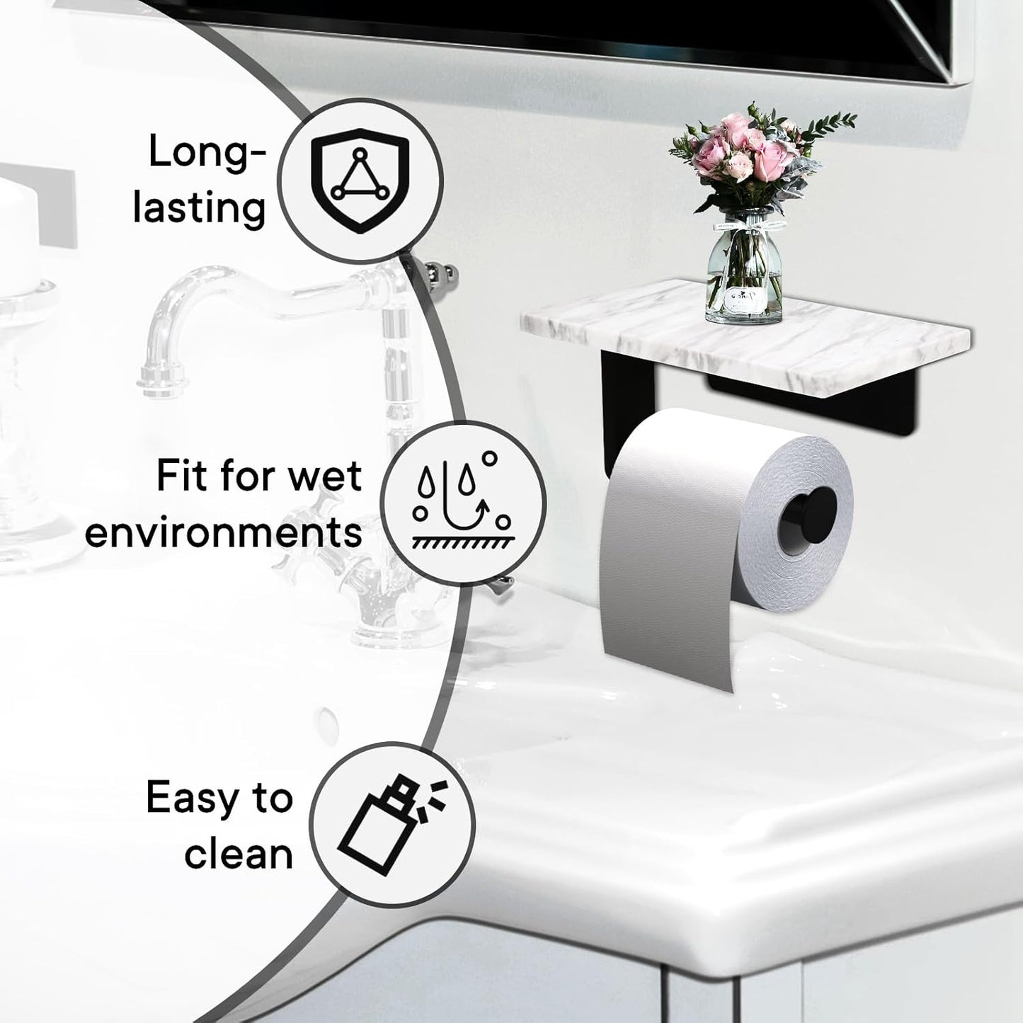 Toilet Paper Holder with Natural Marble Shelf for Bathroom Washroom,Wall Mounted Tissue Holder Suitable for Mega Rol(Middle 7.87 * 4.72 in, Matte Black)