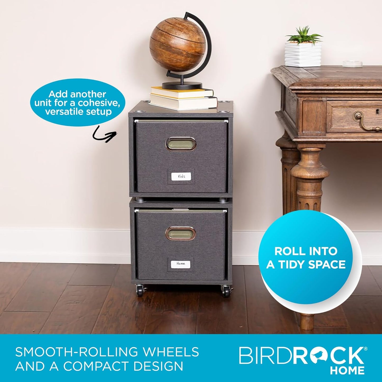 BIRDROCK HOME Rolling File Cabinet – Decorative Storage Shelf w/Removable Bins, Handles, and Wheels – Organize Files, Books, Toys, Under Desk Office Solution, Modern Design - 1 Lateral Drawer, Gray
