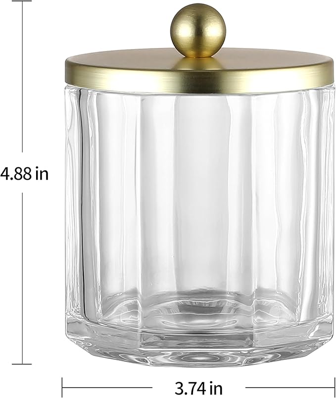 Clear Transparent Apothecary Octagional Shaped Glass Canister Jar With Gold Metal Lid Cover for Bathroom Organization, Cotton Balls, Q Tips, and Small Accessories, Bathroom Storage