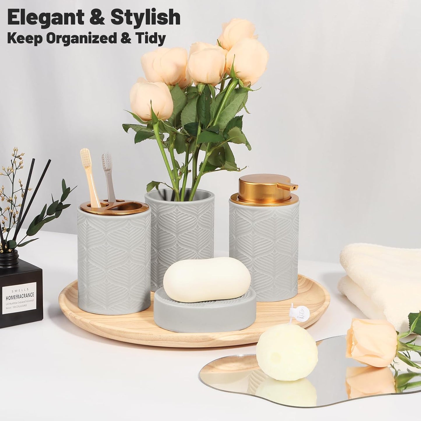 Ceramic Bathroom Accessories Set, 4 Pcs-Includes Lotion Soap Dispenser, Toothbrush Holder, Vanity Tray, and Tumbler, Modern Bathroom Decor Organizer with Soap Dish, Apothecary Jar, Grey Color