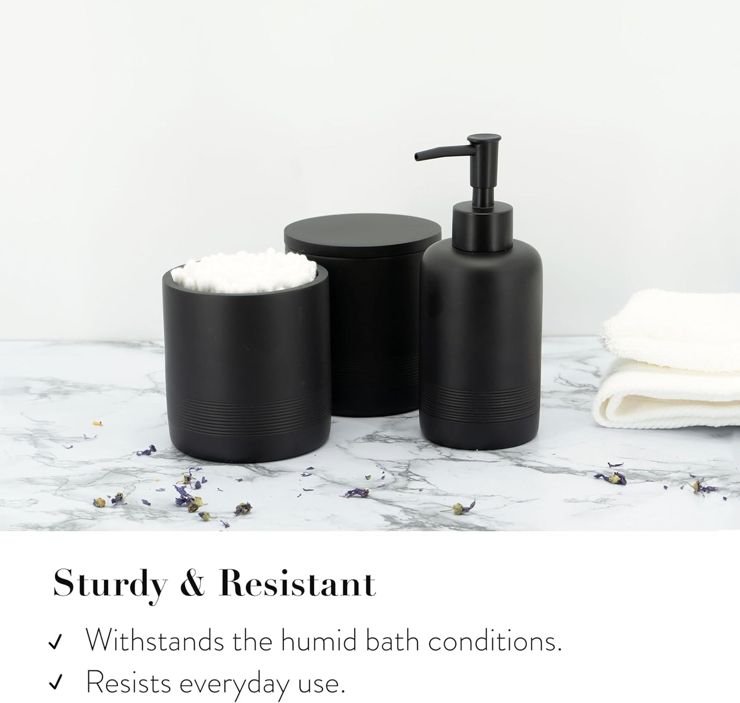 ZCCZ Black Matte Bathroom Accessories Set 6 Pieces - Toothbrush Holder, Lotion Dispenser, Qtip Container, Vanity Tray, Tumbler - Countertop Organizer for Bathrooms - Elegant and Functional Décor Set
