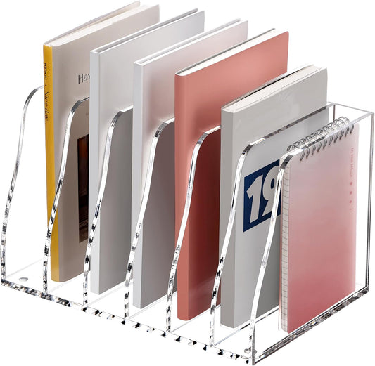 SANRUI Acrylic File Organizer, Compact Desk Organizer for Folders, Binders, Notebooks, Envelopes, Vertical Binder Storage Organizer, 6 Section Bookshelf for School Home Office Organization