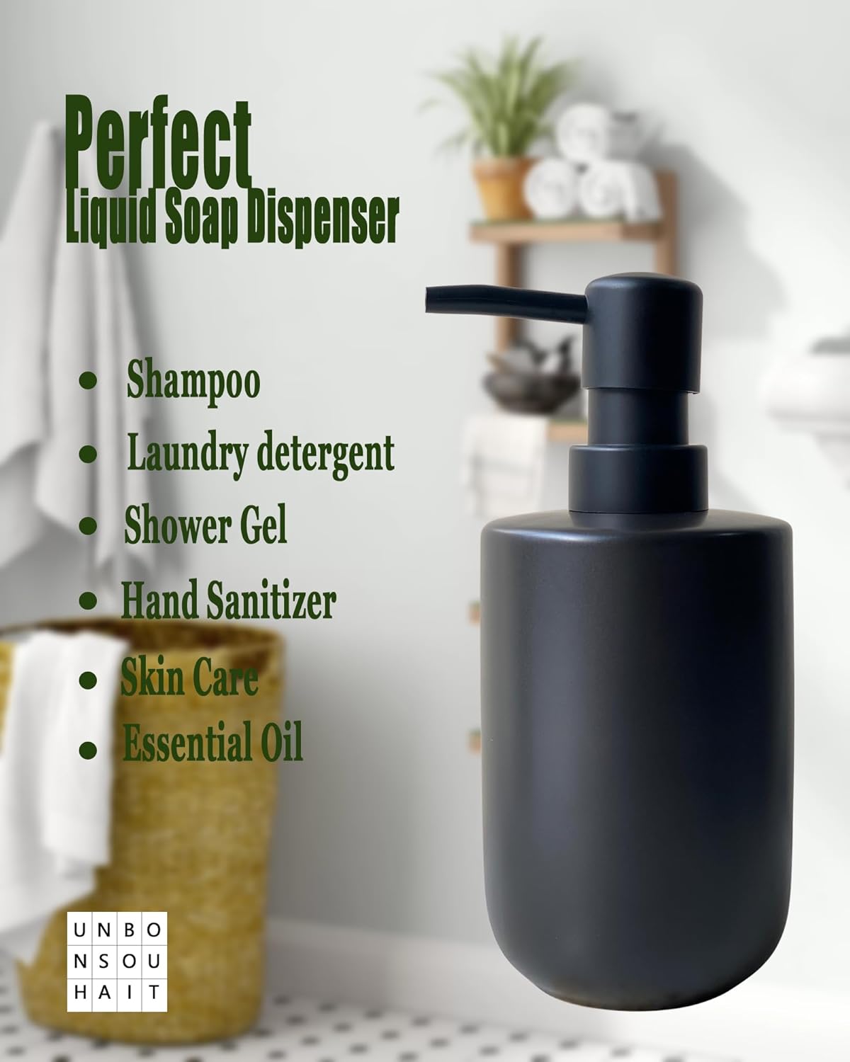 Soap Dispenser - Black Cylindrical Soap Dispenser for Bathroom and Kitchen, Ceramic with Plastic Pump