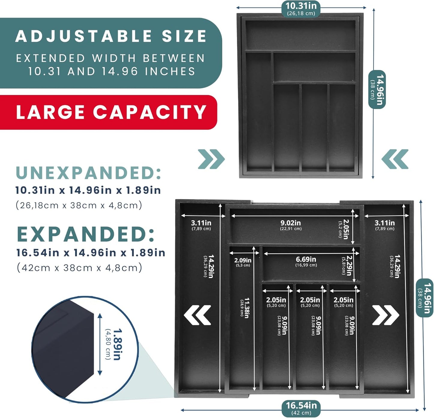 Sben Expandable Drawer Organizer for Utensils Holder, Adjustable Cutlery Tray, Wood Drawer Dividers Organizer for Silverware, Flatware, Knives for Kitchen (Black)
