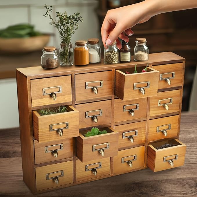 Flexzion Apothecary Cabinet with Drawers - 16 Vintage Apothecary Drawers Desktop Organizer for Home & Office - Wooden Tabletop Library Card Catalog Cabinet Storage for Jewelry, Makeup & Tools, Brown