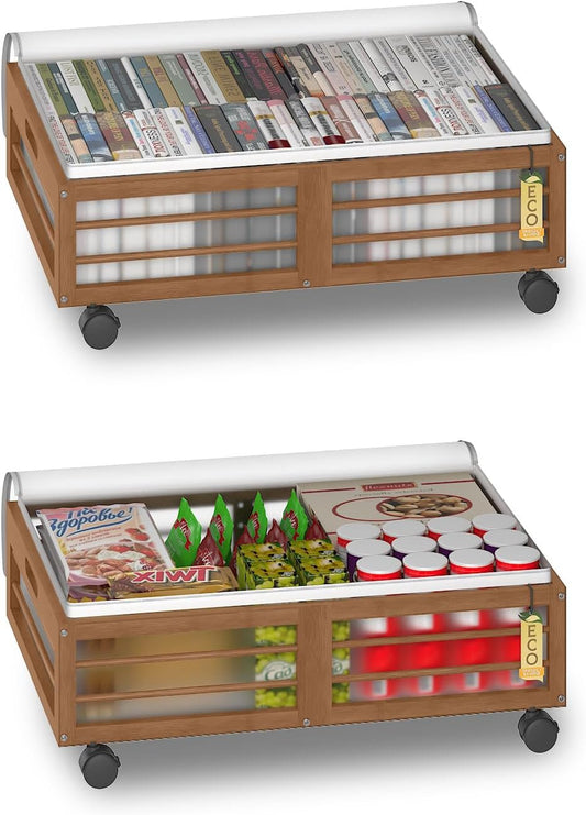 Under Bed Storage Containers with Wheels, Larger Bamboo Wood Under Furniture Storage Containers with Dust Bags，Rolling for Shoes Clothes