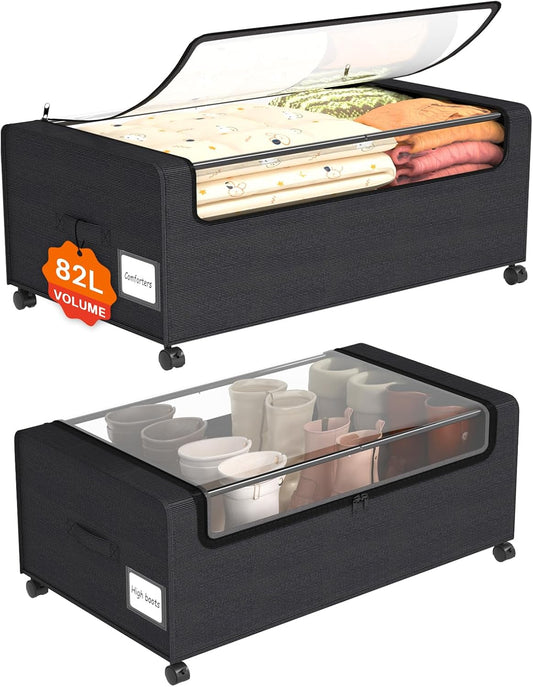 Webetop Under Bed Storage Containers with Wheels,12 inch Under the Bed Storage Bins with Clear Lid for Underneath Small Spaces Dorms, Blankets (2 Pack, 30.7"x17.3"x12")