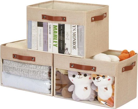 Large Storage Baskets with Clear Window, See Through Closet Organizer with PU Handles, Linen Foldable Storage Bins for Organizing Clothes, Toys, Books (Khaki)
