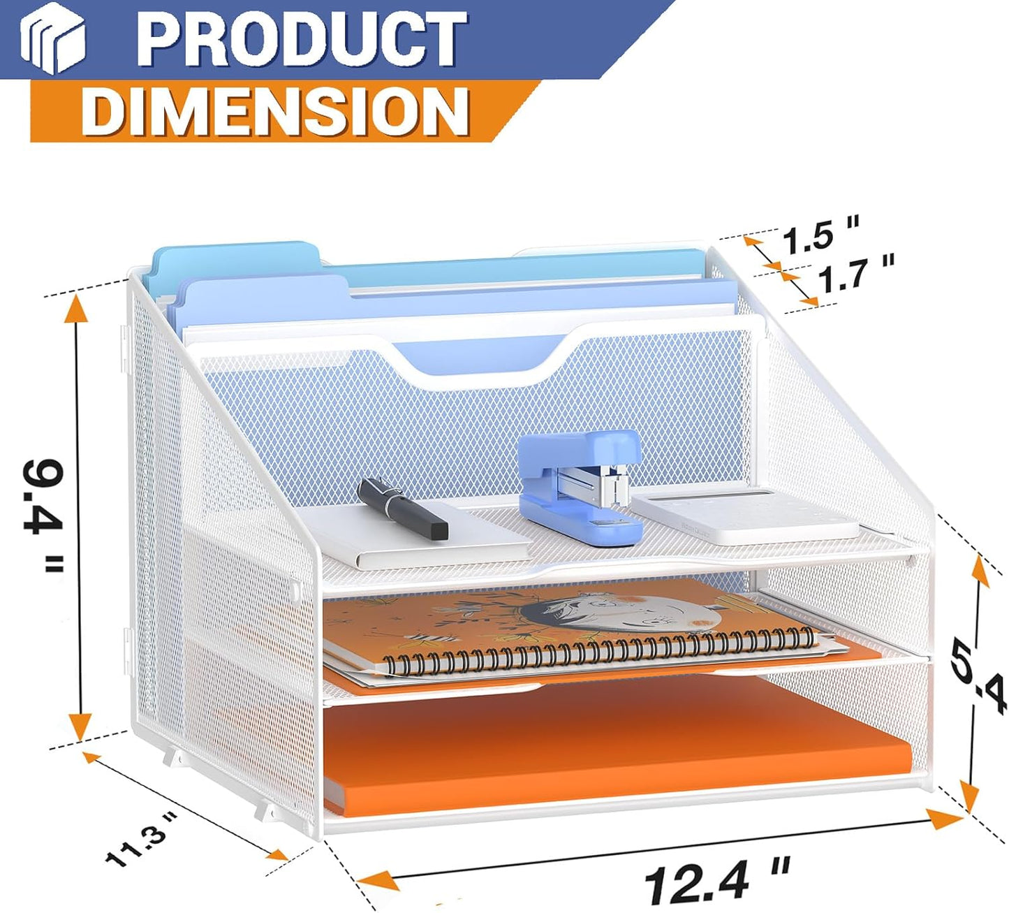 Letter Tray Organizer, Mesh Desk File Organizer with 3 Paper Trays and 2 Vertical Upright Section (White)