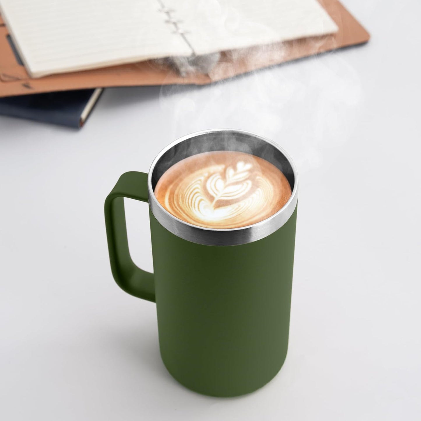 DOMICARE 24oz Mug with Handle and Lid, Stainless Steel Coffee Mug, Travel Mug with Handle, Double Wall Vacuum Coffee Tumbler, Reusable Insulated Cup, Army Green, Pack 8