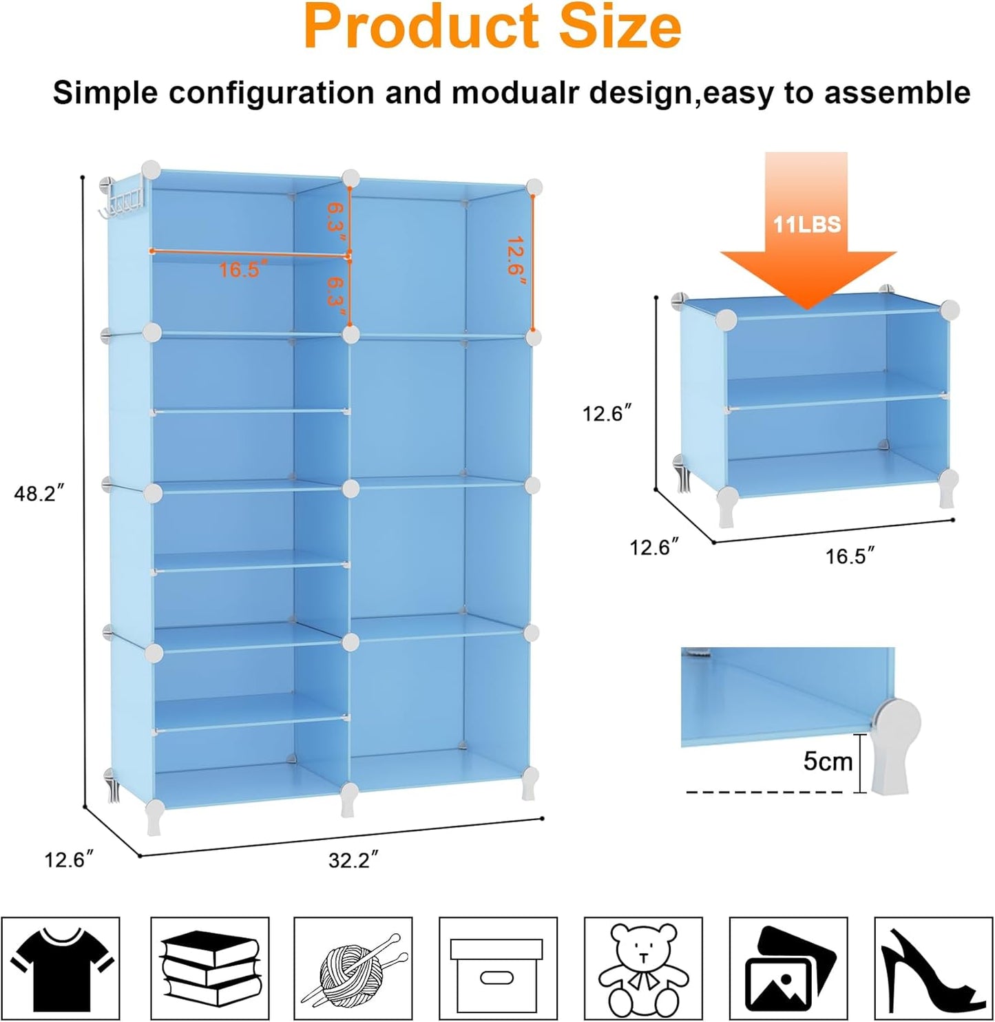 AWTATOS Closet Organizer 8 Cube Storage Shelves Closet Storage Clothes Organizers Stackable Cubby Shelving for Closet Bedroom Living Room Blue