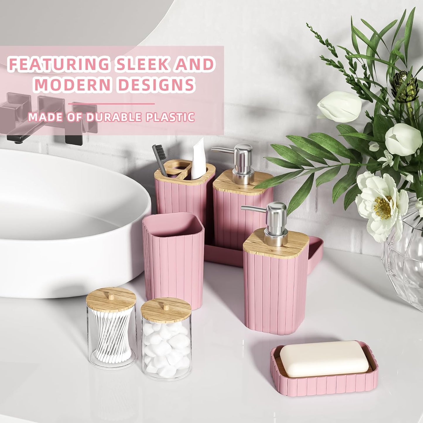 Bathroom Accessories Set - Elegant Pink Bathroom Set, 10PC Bathroom Accessory Set, Toilet Brush, Bathroom Trash Can