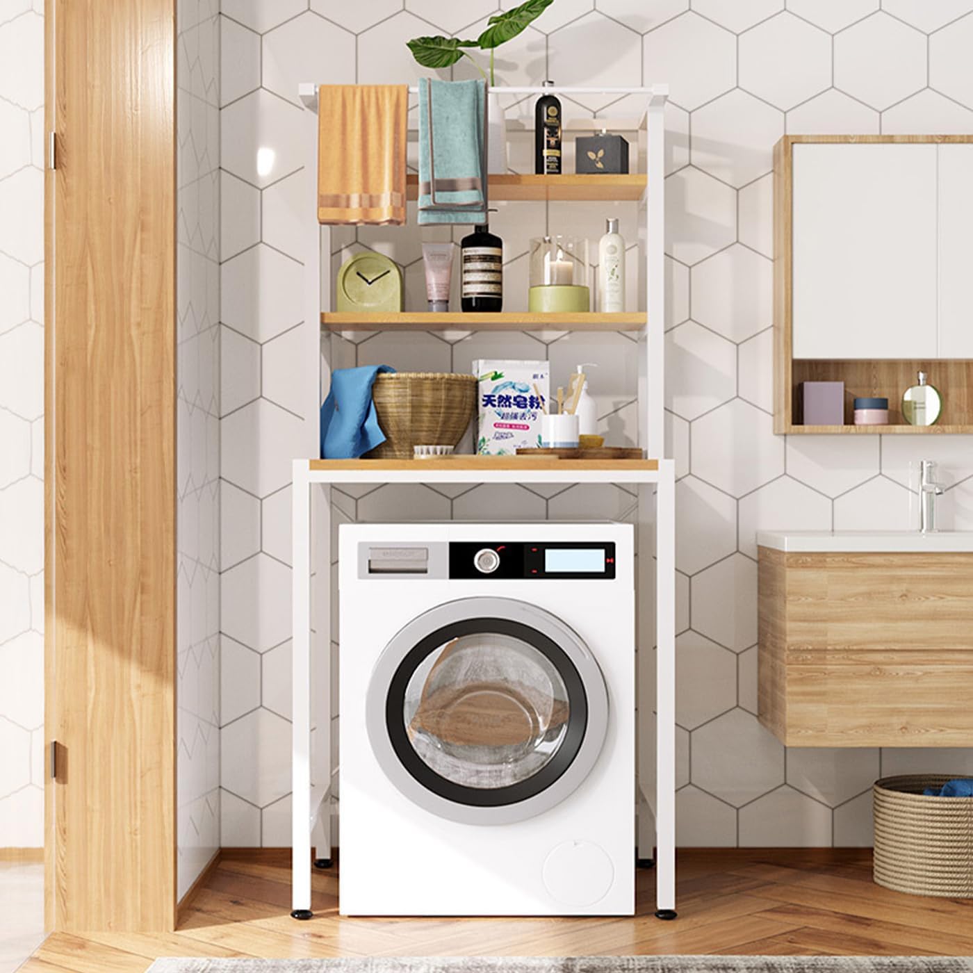 Gdrasuya10 Over The Washer and Dryer Storage Shelves for Laundry Organization, 3 Tier Washing Machine Storage Utility Rack Freestanding Laundry Storage Shelf Organizer Space Save (White)