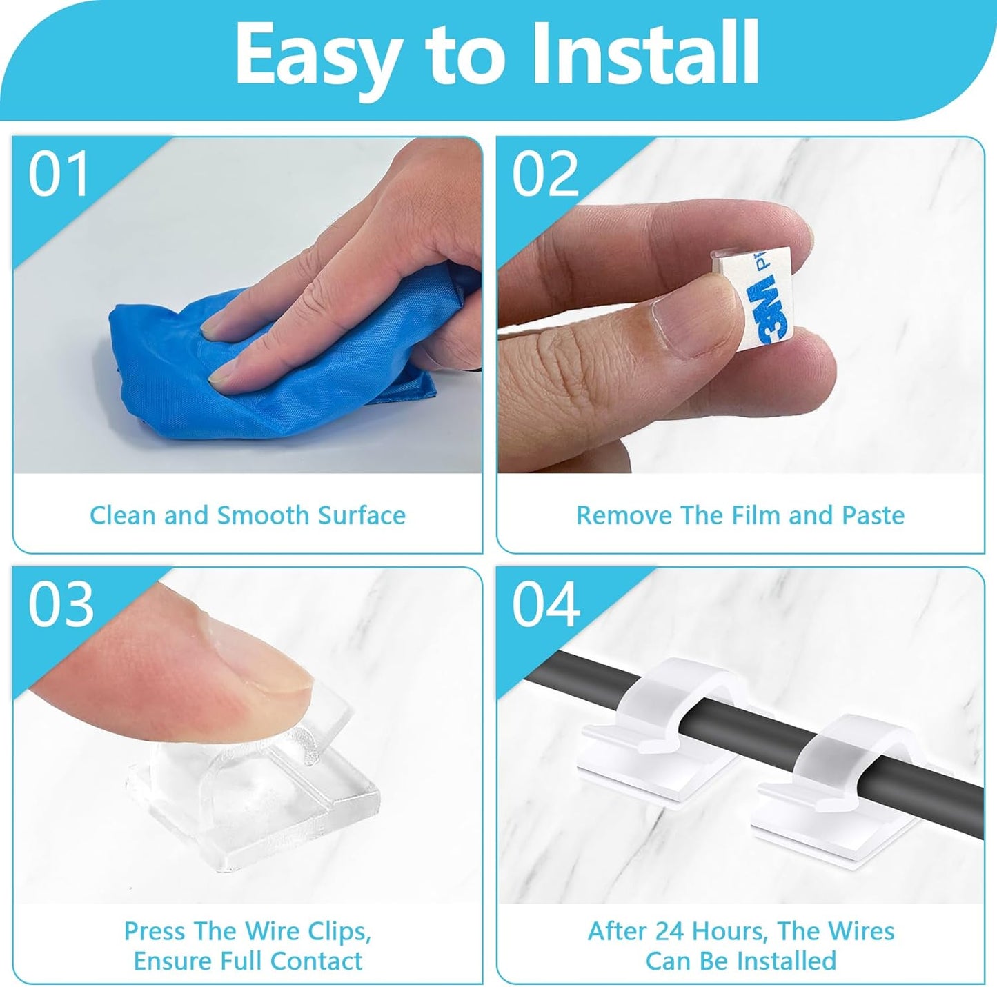 100PCS Cable Clips, Adhesive Wire Clips Organizer Cord Clips Management, Cable Staples Outdoor Strong for Wall, Desk, Christmas Lights, String Lights, TV PC Ethernet Cable, Clear Small