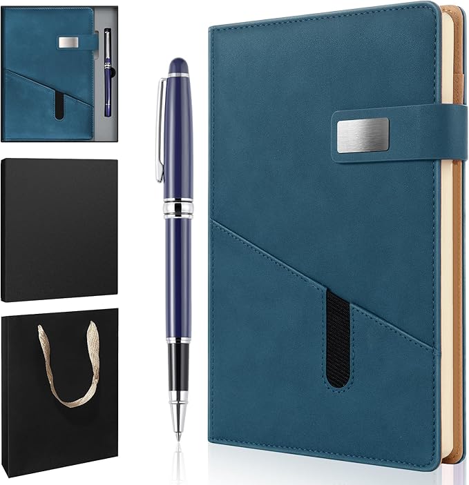 A5 Lined Leather Notebook and Pen Set with Gift Box, 240 Pages Refillable Journal with Pocket and Magnetic Buckle, Hardcover Daily Diary for Men and Women Business Travel Personal Writing- Blue