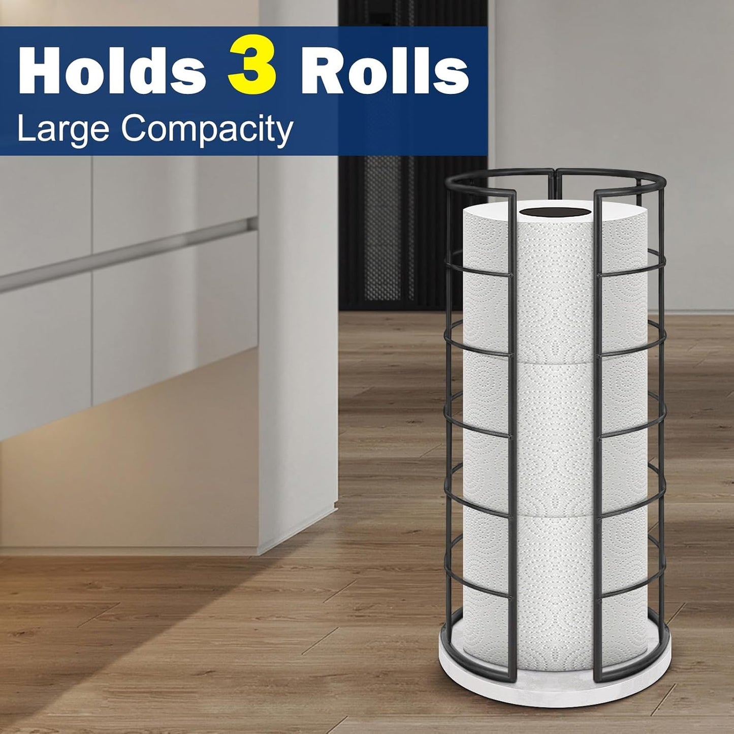 NearMoon Toilet Paper Organizer Stand, Free Standing 3 Rolls Tissue Storage, Metal Bathroom Accessory, Rustproof Toilet Roll Holder for Kitchen Countertop Inside Cabinet Shelf(Marble Base,Matte Black)